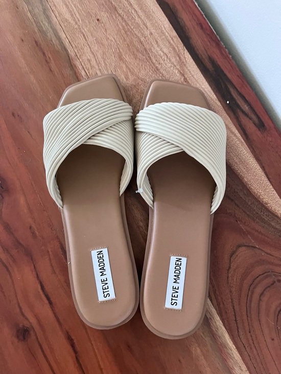 Steve Madden Shoes - Steve Madden Hadyn Cream Ribbed Crossover Square Toe Flat Slide Sandals Womens